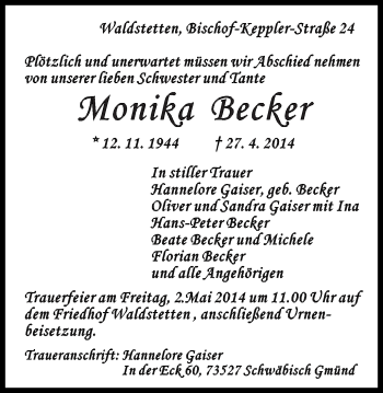 Traueranzeige von Monika Becker von Gmünder Tagespost