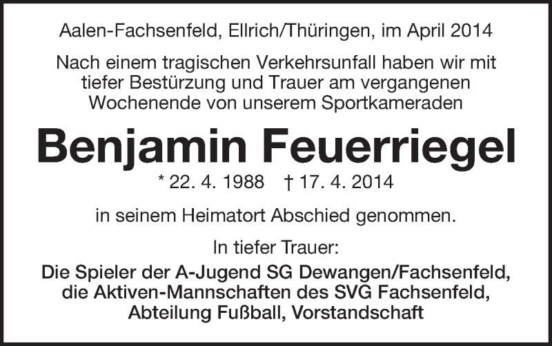  Traueranzeige für Benjamin Feuerriegel vom 29.04.2014 aus Schwäbische Post