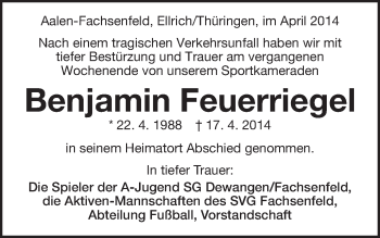 Traueranzeige von Benjamin Feuerriegel von Schwäbische Post
