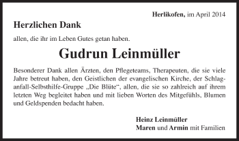 Traueranzeige von Gudrun Leinmüller von Gmünder Tagespost