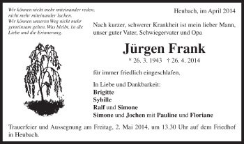 Traueranzeige von Jürgen Frank von Gmünder Tagespost