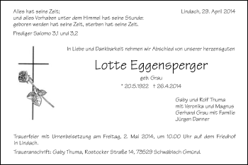 Traueranzeige von Lotte Eggensperger von Gmünder Tagespost