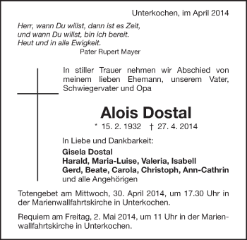 Traueranzeige von Alois Dostal von Schwäbische Post