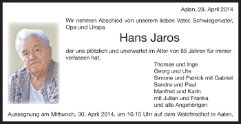 Traueranzeige von Hans Jaros von Schwäbische Post