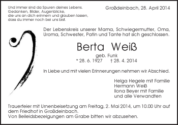 Traueranzeige von Berta Weiß von Gmünder Tagespost