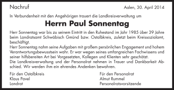 Traueranzeige von Paul Sonnentag von Gmünder Tagespost