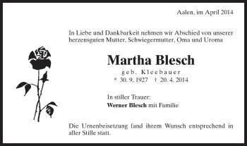 Traueranzeige von Martha Blesch von Schwäbische Post