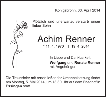 Traueranzeige von Achim Renner von Schwäbische Post