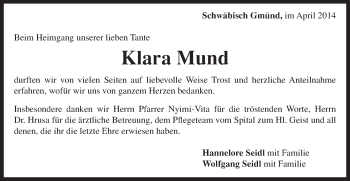 Traueranzeige von Klara Mund von Gmünder Tagespost