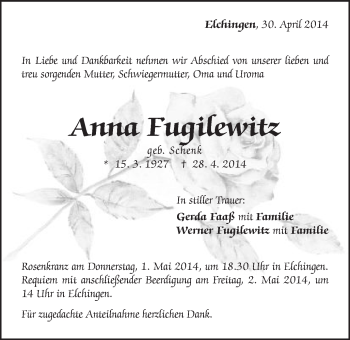 Traueranzeige von Anna Fugilewitz von Schwäbische Post