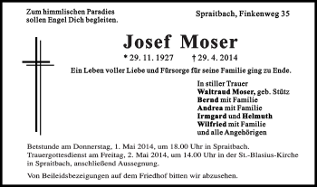 Traueranzeige von Josef Moser von Gmünder Tagespost