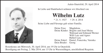 Traueranzeige von Wilhelm Lutz von Schwäbische Post
