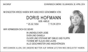 Traueranzeige von Doris Hofmann von Gmünder Tagespost
