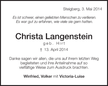 Traueranzeige von Christa Langenstein von Schwäbische Post