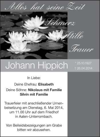 Traueranzeige von Johann Hippich von Schwäbische Post