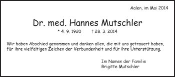 Traueranzeige von Hannes Mutschler von Schwäbische Post