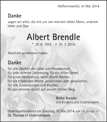 Traueranzeige von Albert Brendle von Schwäbische Post