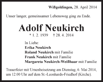Traueranzeige von Adolf Neukirch von Gmünder Tagespost