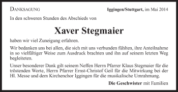 Traueranzeige von Xaver Stegmaier von Gmünder Tagespost