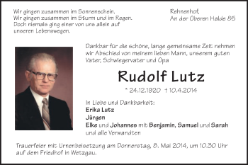Traueranzeige von Rudolf Lutz von Gmünder Tagespost