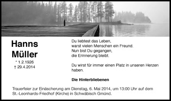 Traueranzeige von Hanns Müller von Gmünder Tagespost