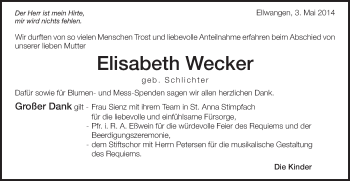 Traueranzeige von Elisabeth Wecker von Schwäbische Post