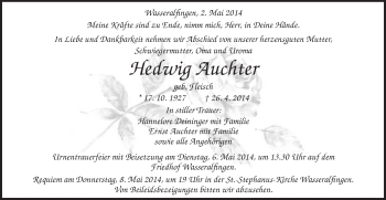 Traueranzeige von Hedwig Auchter von Schwäbische Post