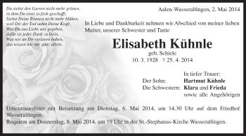 Traueranzeige von Elisabeth Kühnle von Schwäbische Post