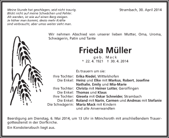 Traueranzeige von Frieda Müller von Schwäbische Post