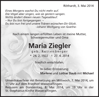 Traueranzeige von Maria Ziegler von Schwäbische Post