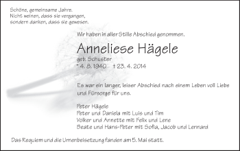 Traueranzeige von Anneliese Hägele von Gmünder Tagespost