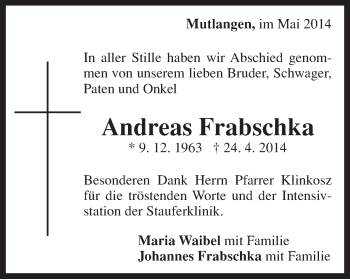 Traueranzeige von Andreas Frabschka von Gmünder Tagespost