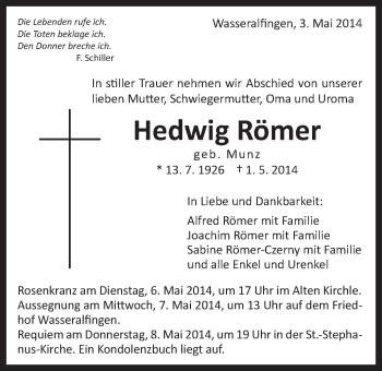 Traueranzeige von Hedwig Römer von Schwäbische Post