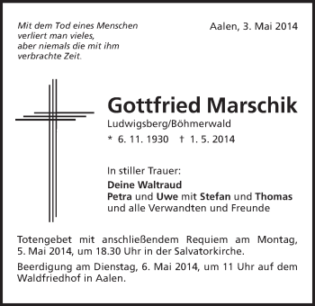 Traueranzeige von Gottfried Marschik von Schwäbische Post