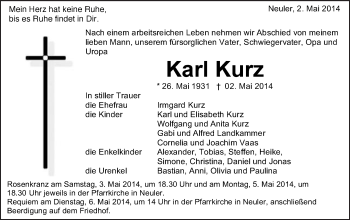 Traueranzeige von Karl Kurz von Schwäbische Post