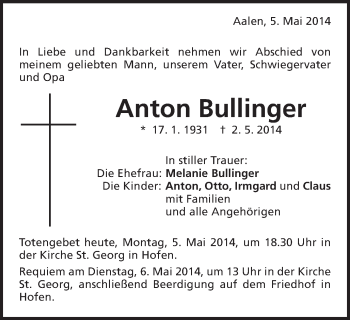 Traueranzeige von Anton Bullinger von Schwäbische Post