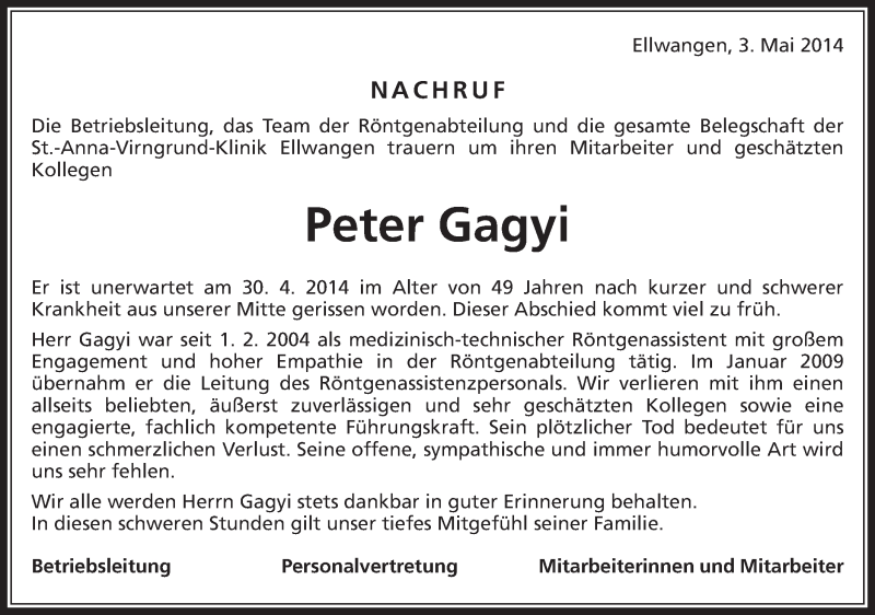  Traueranzeige für Peter Gagyi vom 03.05.2014 aus Schwäbische Post