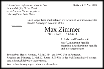Traueranzeige von Max Zimmer von Schwäbische Post