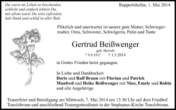 Traueranzeige von Gertrud Beißwenger von Gmünder Tagespost