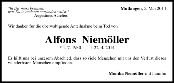 Traueranzeige von Alfons Niemöller von Gmünder Tagespost