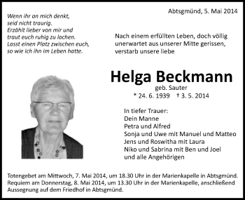 Traueranzeige von Helga Beckmann von Schwäbische Post