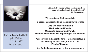 Traueranzeige von Christa Maria Birkhold von Schwäbische Post
