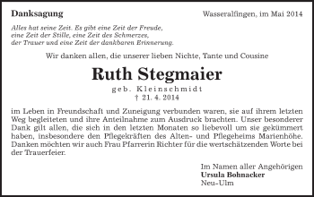 Traueranzeige von Ruth Stegmaier von Schwäbische Post