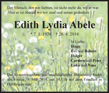 Traueranzeige von Edith Lydia Abele von Schwäbische Post