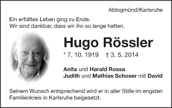 Traueranzeige von Hugo Rössler von Schwäbische Post