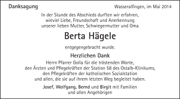 Traueranzeige von Berta Hägele von Schwäbische Post
