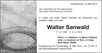 Traueranzeige von Walter Sanwald von Schwäbische Post