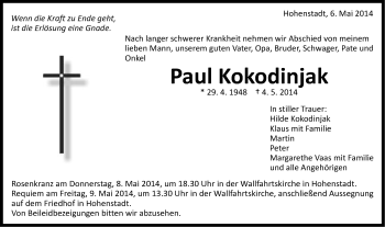 Traueranzeige von Paul Kokodinjak von Schwäbische Post