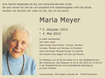 Traueranzeige von Maria Meyer von Schwäbische Post