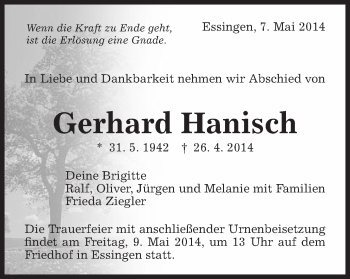 Traueranzeige von Gerhard Hanisch von Schwäbische Post